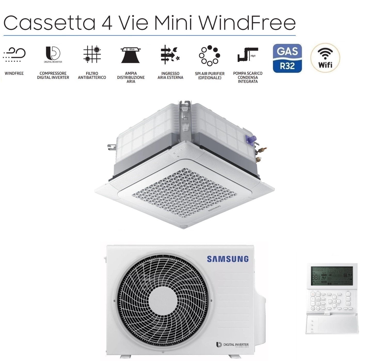 Climatizzatore Condizionatore Samsung Cassetta 4 Vie Inverter MINI WINDFREE 24000 AC071RNNDKG Btu R-32 Con Pannello e Comando a Filo