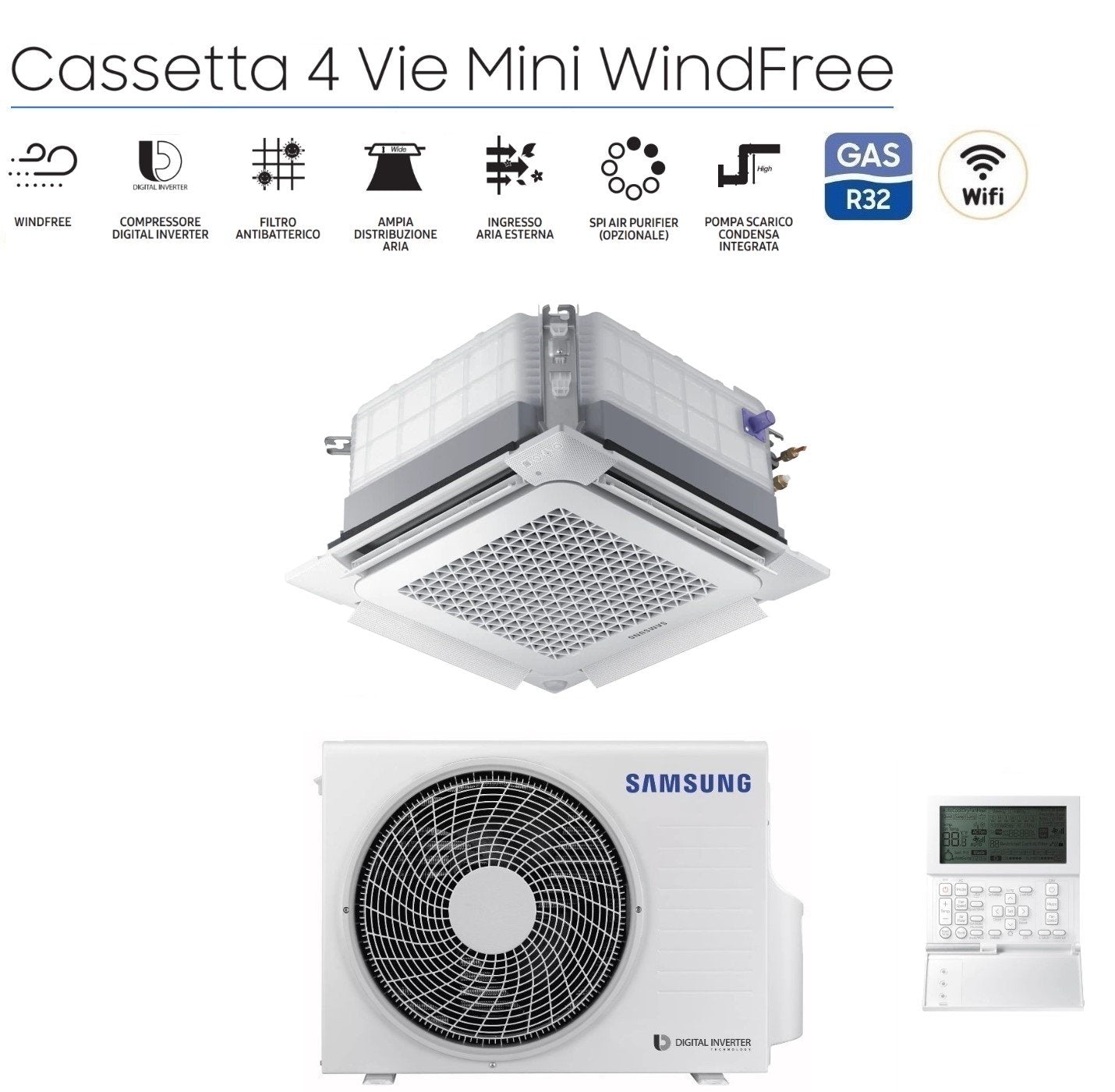 Climatizzatore Condizionatore Samsung Cassetta 4 Vie Inverter MINI WINDFREE 9000 Btu AC026RNNDKG R-32 Con Pannello e Comando a Filo